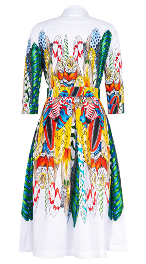 Audrey Dress #1 Shirt Collar 3/4 Sleeve Midi Length Cotton Stretch (African Feather)
