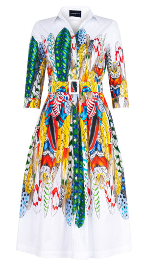 Audrey Dress #1 Shirt Collar 3/4 Sleeve Midi Length Cotton Stretch (African Feather)