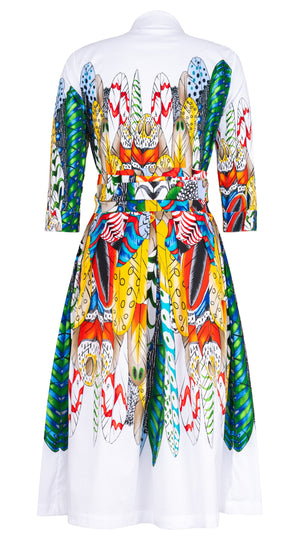 Audrey Dress #1 Shirt Collar 3/4 Sleeve Midi Length Cotton Stretch (African Feather)