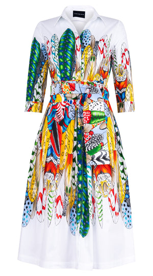 Audrey Dress #1 Shirt Collar 3/4 Sleeve Midi Length Cotton Stretch (African Feather)
