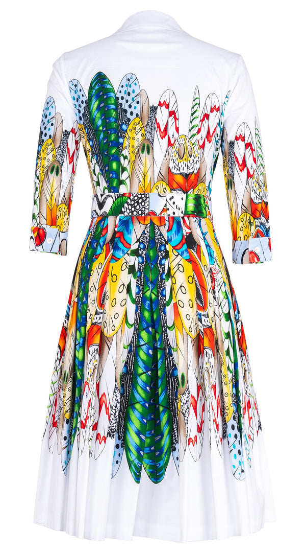 Audrey Dress #4 Shirt Collar 3/4 Sleeve Long Length Cotton Stretch (African Feather)