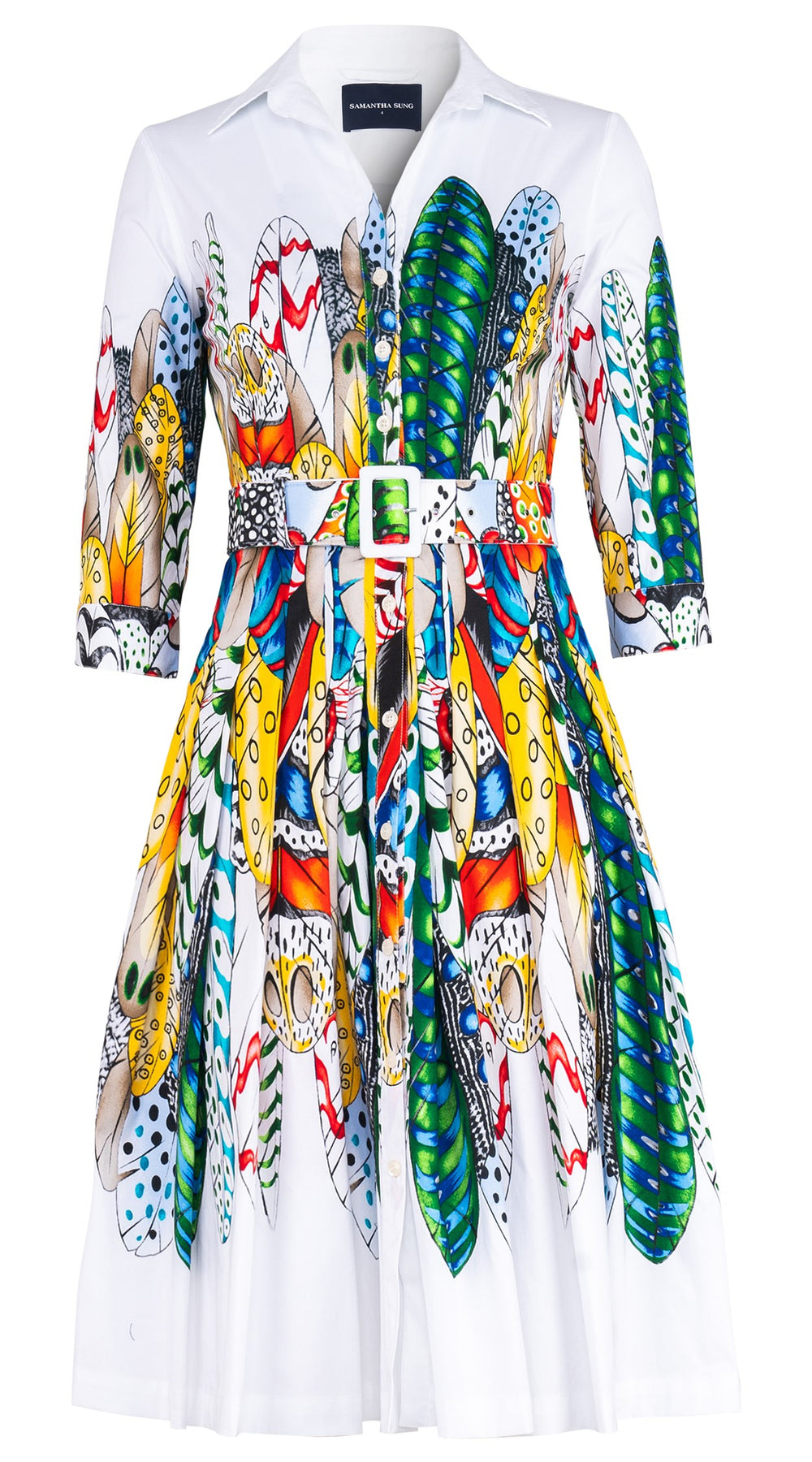 Audrey Dress #4 Shirt Collar 3/4 Sleeve Long Length Cotton Stretch (African Feather)