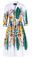 Audrey Dress #4 Shirt Collar 3/4 Sleeve Long Length Cotton Stretch (African Feather)