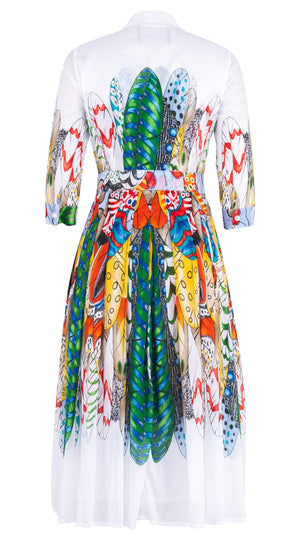 Audrey Dress #4 Shirt Collar 3/4 Sleeve Midi Length Musola (African Feather)