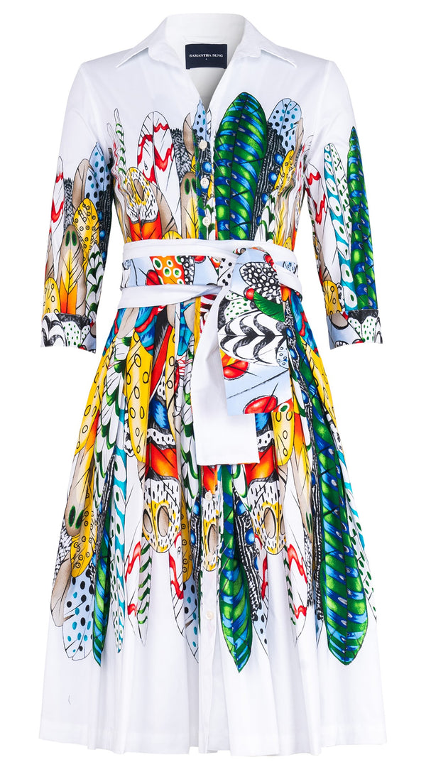 Audrey Dress #4 Shirt Collar 3/4 Sleeve Long Length Cotton Stretch (African Feather)