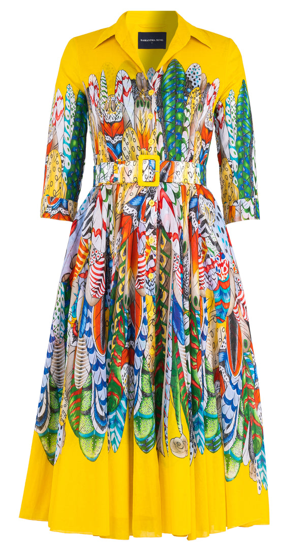 Aster Dress Shirt Collar 3/4 Sleeve Midi Length Cotton Musola (African Feather)