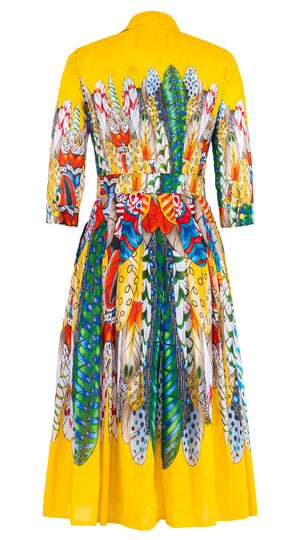 Audrey Dress #4 Shirt Collar 3/4 Sleeve Midi Length Musola (African Feather)