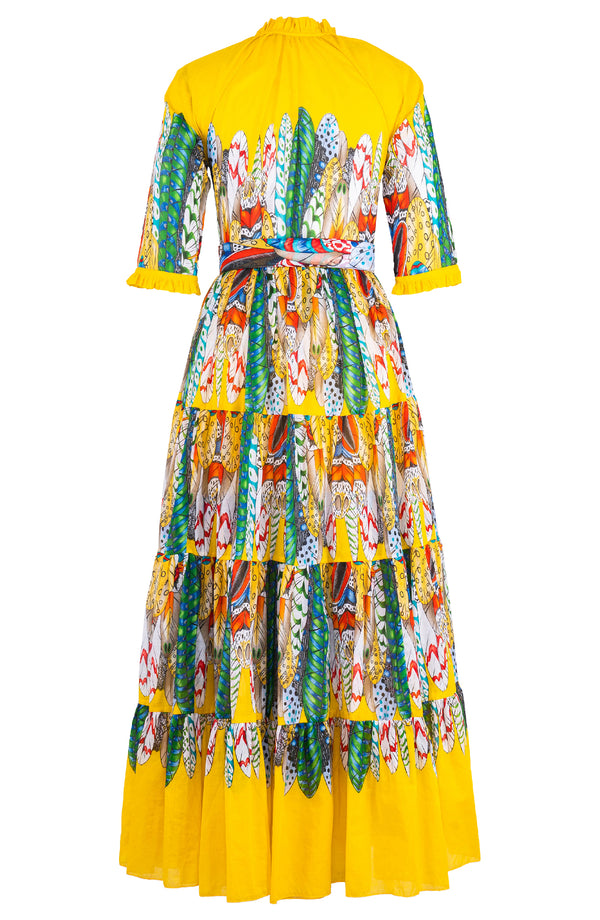 Eva Dress Crew Neck 3/4 Sleeve Maxi Length Cotton Musola (African Feather)
