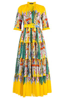Eva Dress Crew Neck 3/4 Sleeve Maxi Length Cotton Musola (African Feather)
