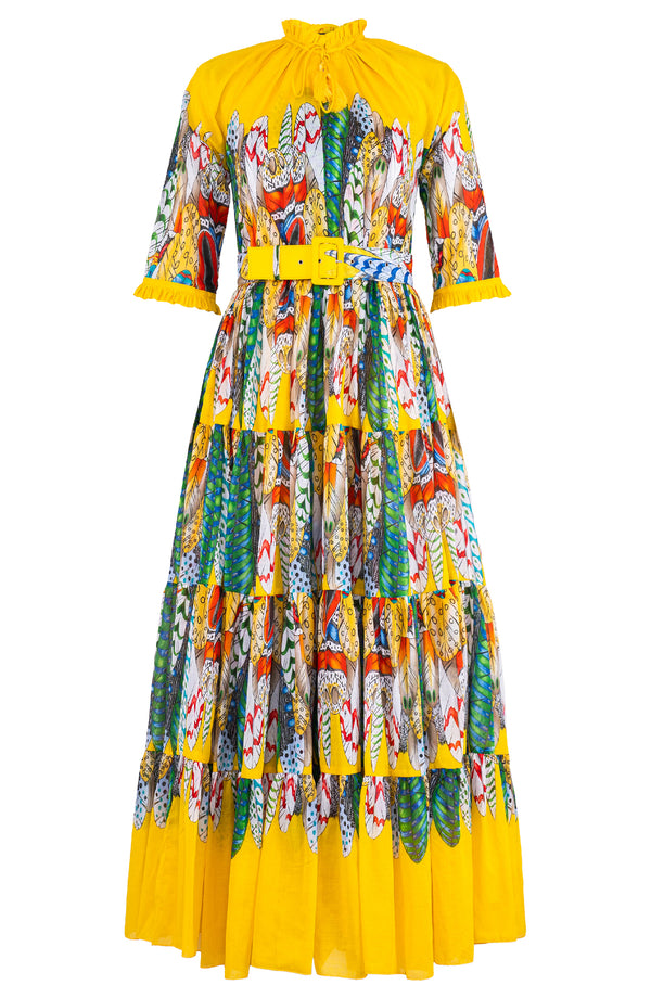 Eva Dress Crew Neck 3/4 Sleeve Maxi Length Cotton Musola (African Feather)