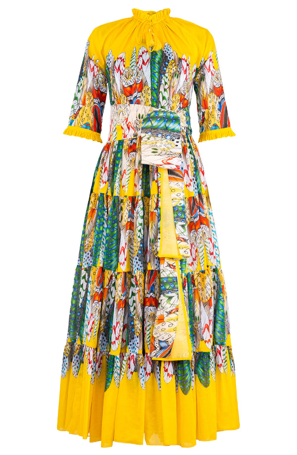 Eva Dress Crew Neck 3/4 Sleeve Maxi Length Cotton Musola (African Feather)