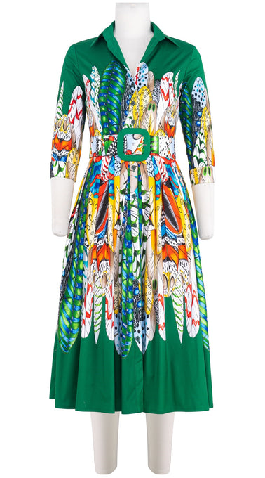 Audrey Dress #2 Shirt Collar 3/4 Sleeve Midi Length Cotton Stretch (African Feather)