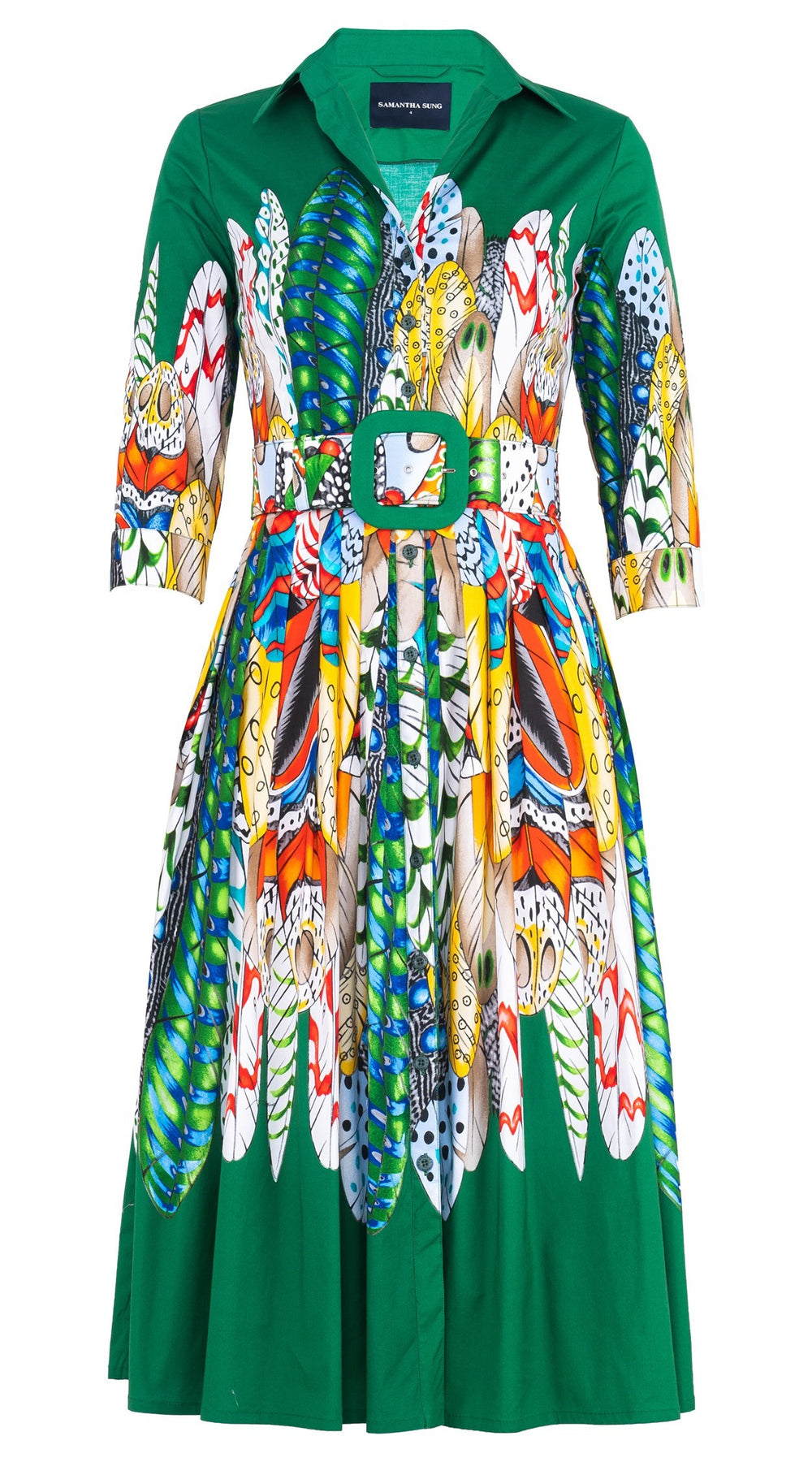 Audrey Dress #2 Shirt Collar 3/4 Sleeve Midi Length Cotton Stretch (African Feather)