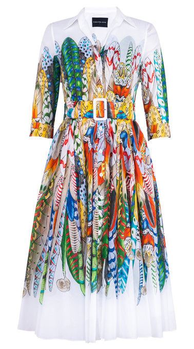 Aster Dress Shirt Collar 3/4 Sleeve Midi Length Cotton Musola (African Feather)