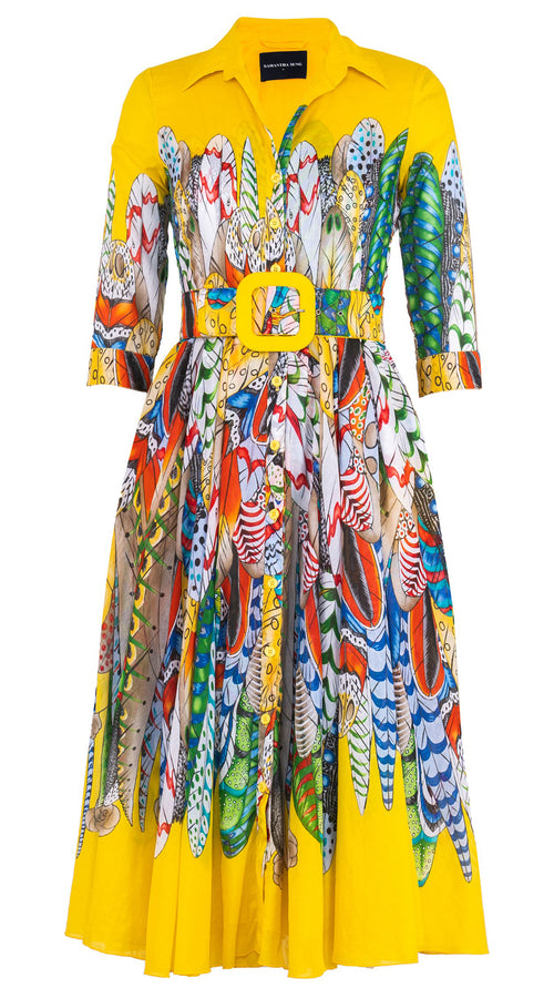 Aster Dress Shirt Collar 3/4 Sleeve Midi Length Cotton Musola (African Feather) (African Feather)