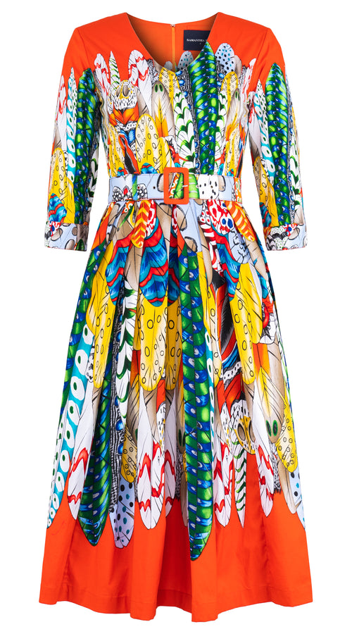 Lana Dress V Neck 3/4 Sleeve Midi Length Cotton Stretch (African Feather) @S-L