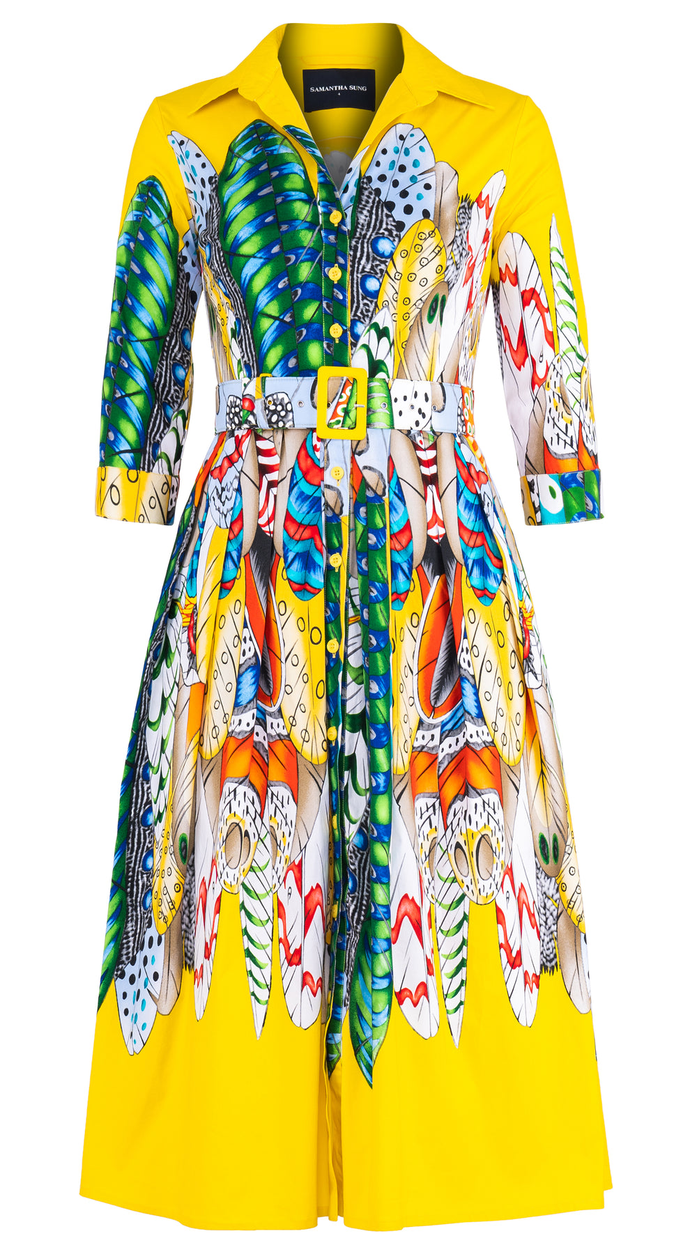 Audrey Dress #1 Shirt Collar 3/4 Sleeve Midi Length Cotton Stretch (African Feather)