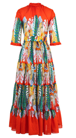 Eva Dress Crew Neck 3/4 Sleeve Maxi Length Cotton Musola (African Feather) @XS-XL