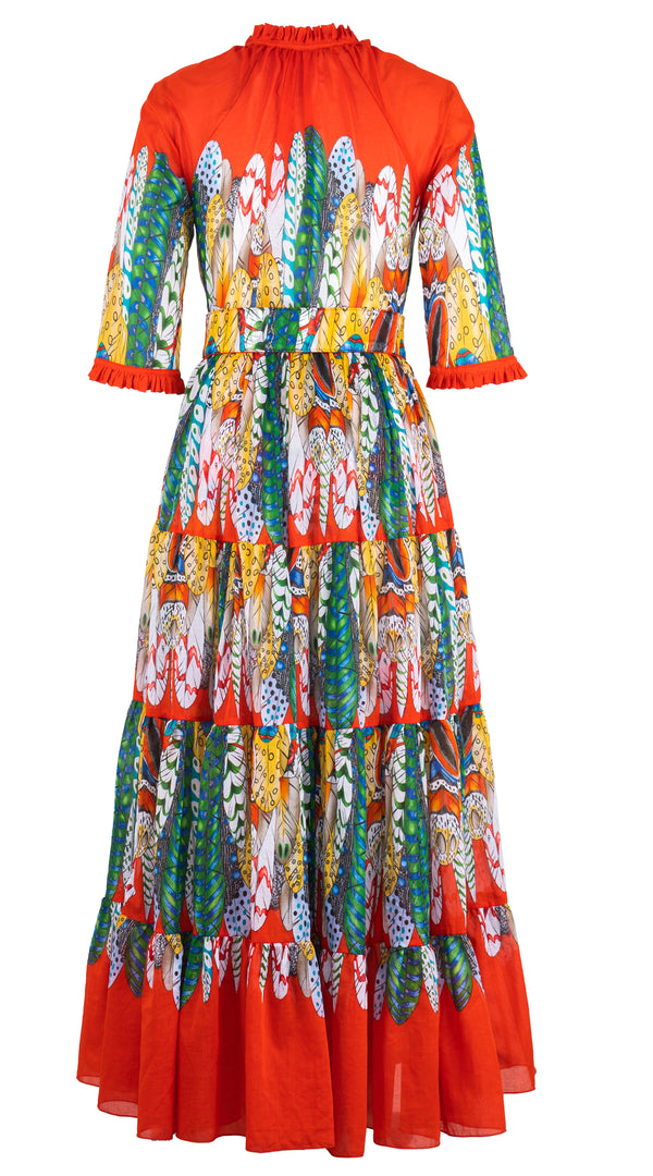 Eva Dress Crew Neck 3/4 Sleeve Maxi Length Cotton Musola (African Feather) @XS-XL