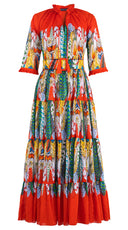 Eva Dress Crew Neck 3/4 Sleeve Maxi Length Cotton Musola (African Feather) @XS-XL