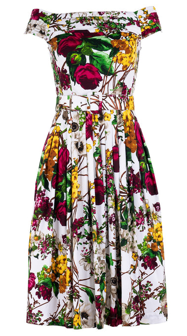 Florance Dress High Off Shoulder Band Sleeve Long Length Cotton Stretch (Alpine Flowers)