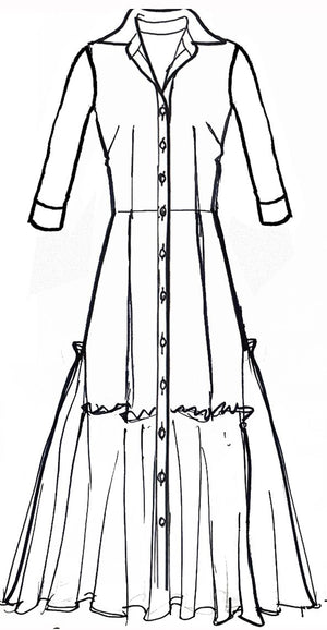 Amanda Dress Shirt Collar 3/4 Sleeve Midi Length Cotton Stretch (Suzani Ferns)