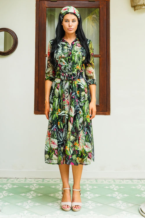 Patricia Dress Shirt Collar 3/4 Sleeve Midi Length Length Silk GGT (Amazonia Leaves)