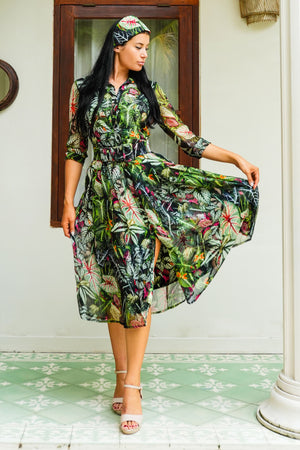 Patricia Dress Shirt Collar 3/4 Sleeve Midi Length Length Silk GGT (Amazonia Leaves)