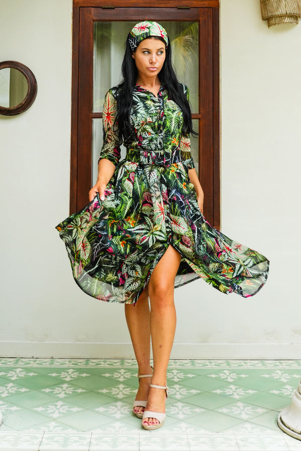 Patricia Dress Shirt Collar 3/4 Sleeve Midi Length Length Silk GGT (Amazonia Leaves)