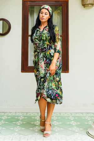 Patricia Dress Shirt Collar 3/4 Sleeve Midi Length Length Silk GGT (Amazonia Leaves)