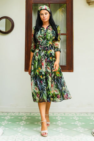 Patricia Dress Shirt Collar 3/4 Sleeve Midi Length Length Silk GGT (Amazonia Leaves)