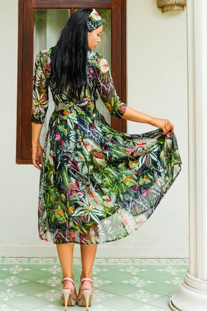 Patricia Dress Shirt Collar 3/4 Sleeve Midi Length Length Silk GGT (Amazonia Leaves)