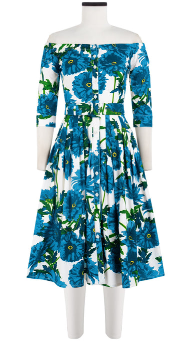 Audrey Dress #2 Off Shoulder 3/4 Sleeve Long Length Cotton Stretch (Anemon Naples All Over)