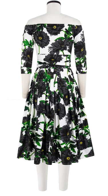 Audrey Dress #2 Off Shoulder 3/4 Sleeve Long Length Cotton Stretch (Anemon Naples All Over)