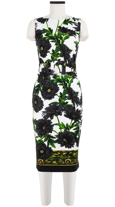 Celine Dress High Boat Neck Sleeveless with Hamilton Belt Long Length Cotton Dobby Stretch (Anemon Naples Border)