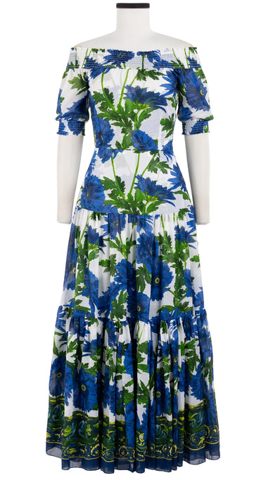 Emma Dress Smock Shoulder 1/2 Puff Sleeve Maxi Length Cotton Musola (Anemon Naples Border)