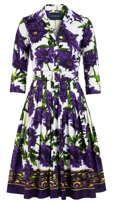 Audrey Dress #2 Shirt Collar 3/4 Sleeve Cotton Stretch (Anemon Naples Border)