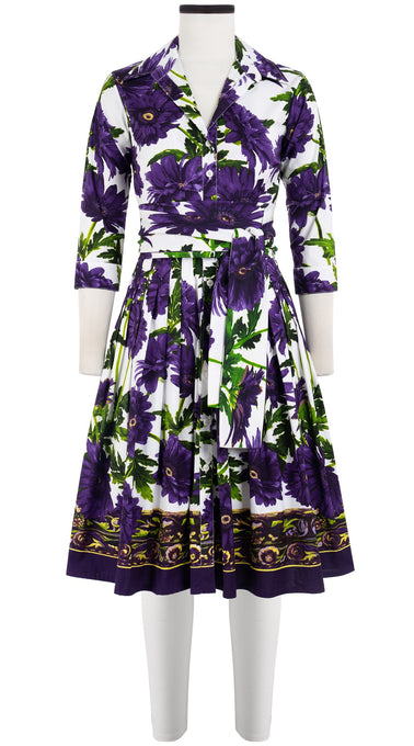 Audrey Dress #2 Shirt Collar 3/4 Sleeve Cotton Stretch (Anemon Naples Border)