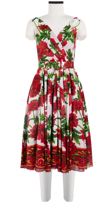 Vivien Dress #1 V Neck Sleeveless Midi Length Cotton Musola (Anemon Naples Border)
