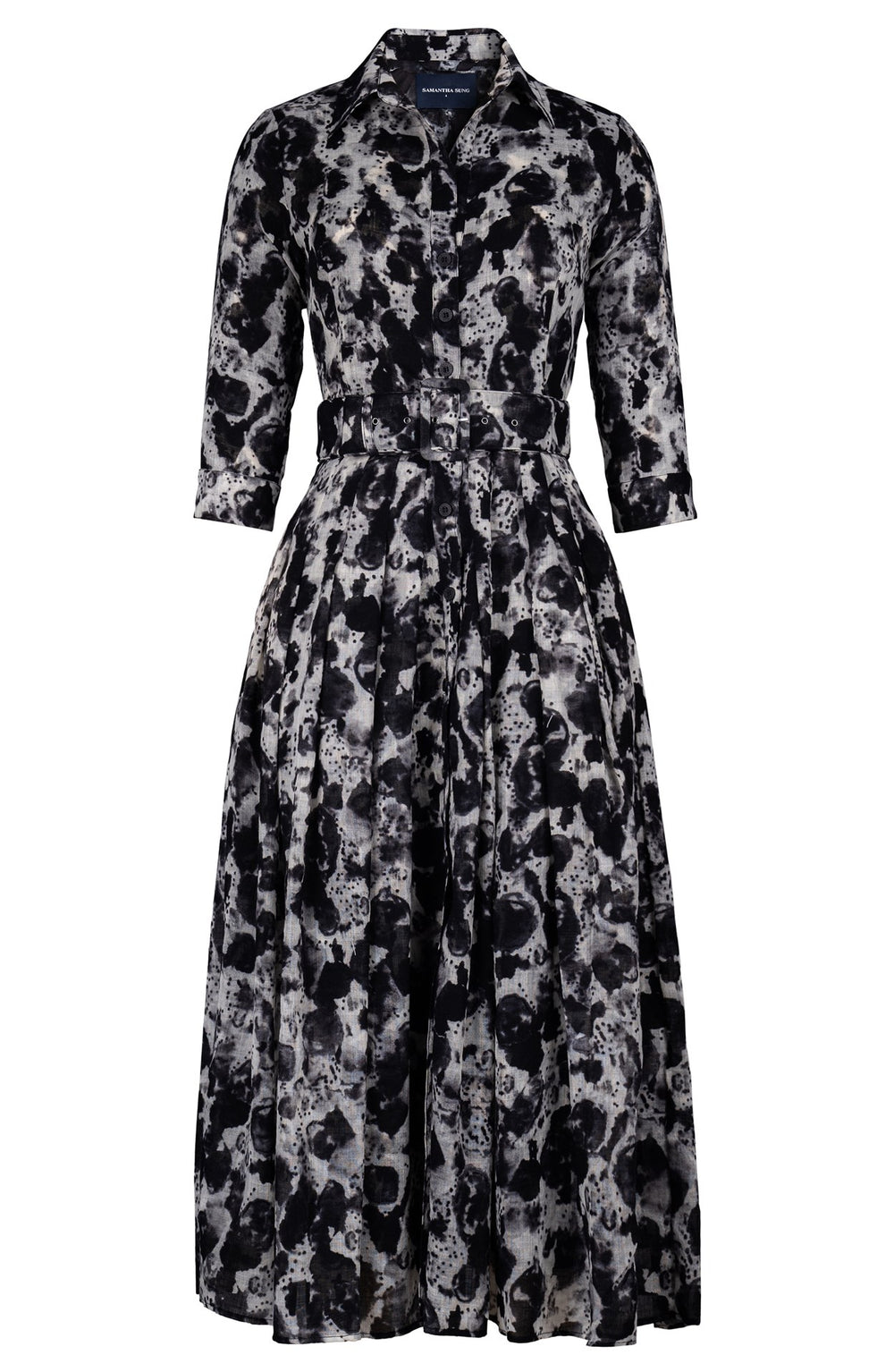Audrey Dress #4 Shirt Collar 3/4 Sleeve Midi Plus Length Wool (Animal Dots) - Black