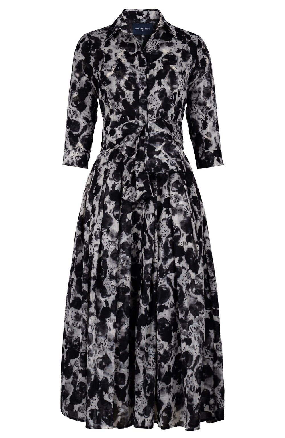Audrey Dress #4 Shirt Collar 3/4 Sleeve Midi Plus Length Wool (Animal Dots) - Black