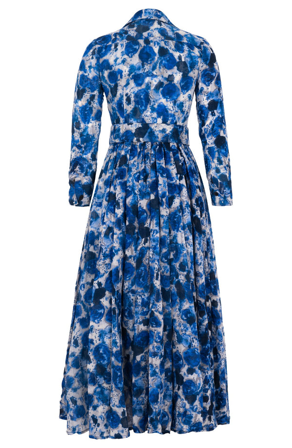 Sabrina Dress Shirt Collar 3/4 Sleeve Midi Plus Length Wool (Animal Dots) - Deep Blue