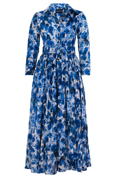 Sabrina Dress Shirt Collar 3/4 Sleeve Midi Plus Length Wool (Animal Dots) - Deep Blue