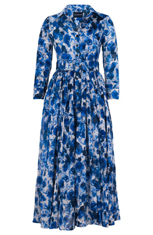 Sabrina Dress Shirt Collar 3/4 Sleeve Midi Plus Length Wool (Animal Dots) - Deep Blue