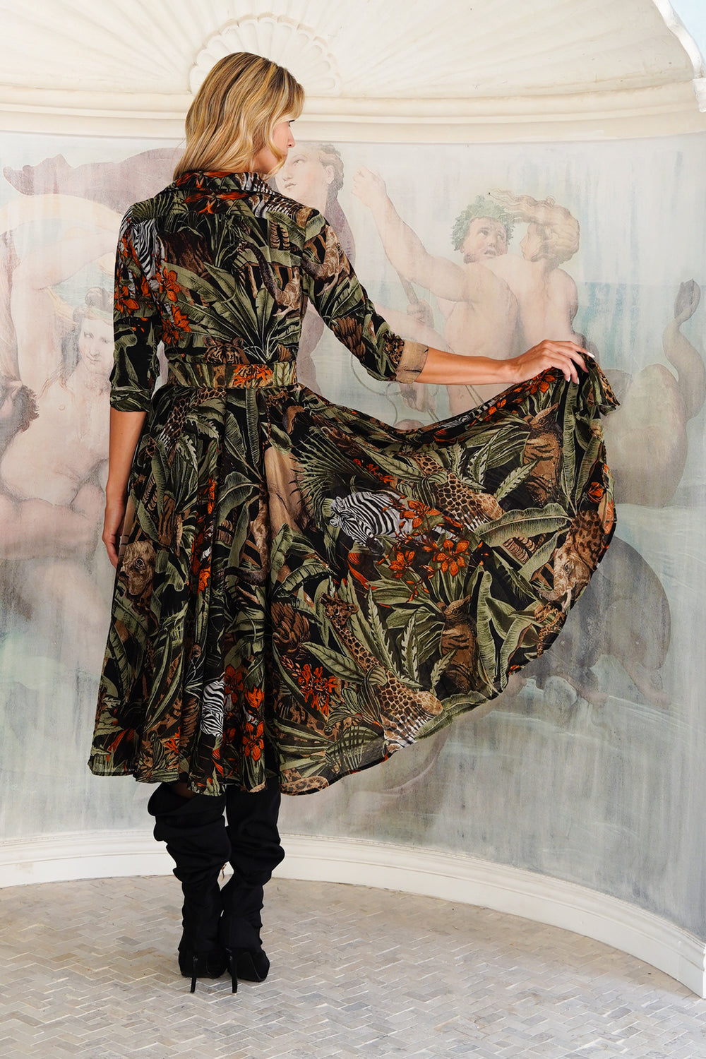 Aster Dress Shirt Collar 3/4 Sleeve Midi Length Wool (Animal Forest) - Black