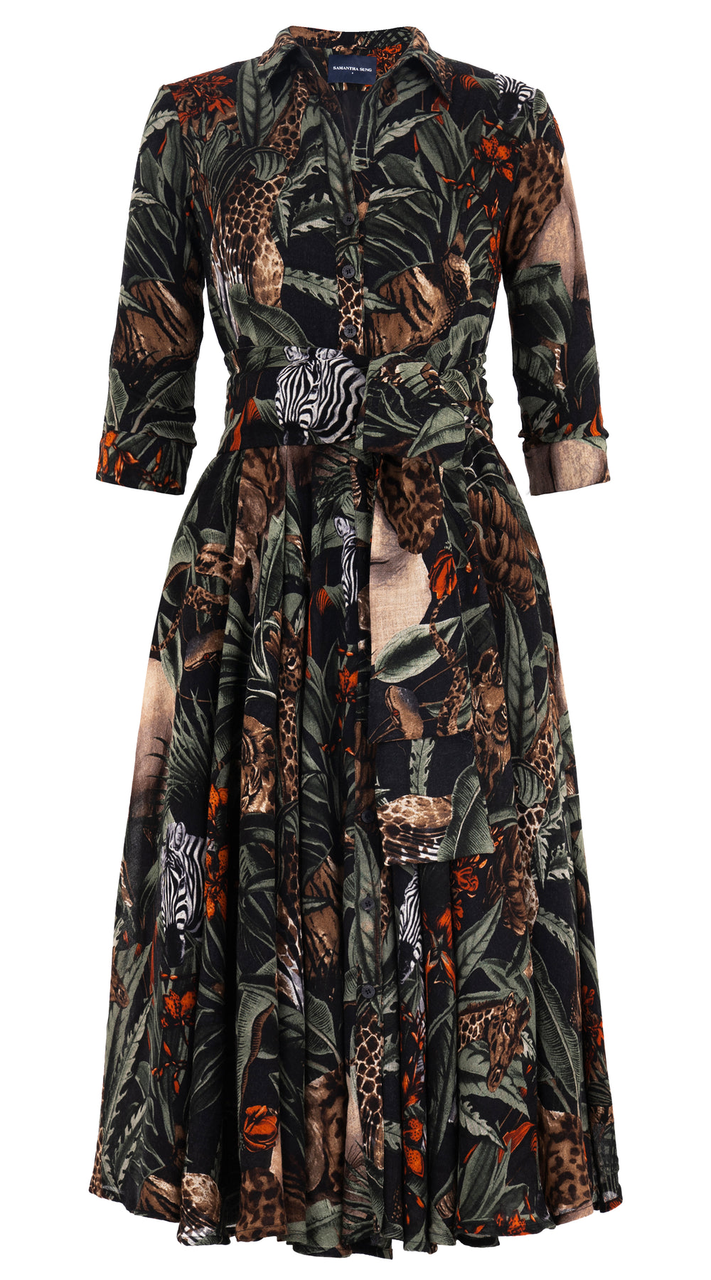 Aster Dress Shirt Collar 3/4 Sleeve Midi Length Wool (Animal Forest) @7