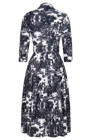 Audrey Dress #1 Shirt Collar 3/4 Sleeve Midi Length Cotton Stretch (Antilles Toile Pastel)