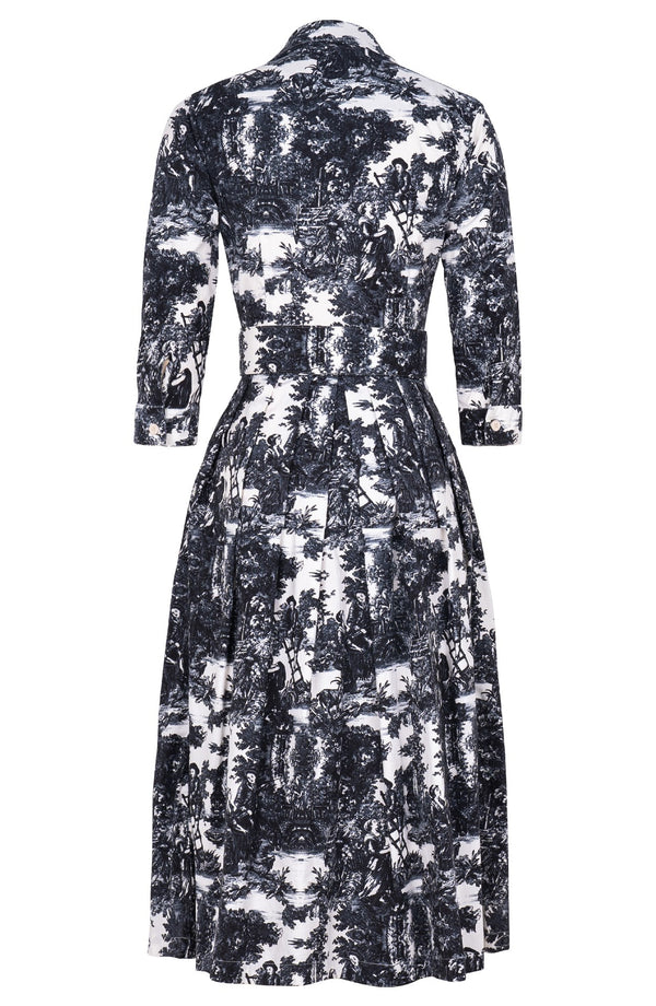 Audrey Dress #1 Shirt Collar 3/4 Sleeve Midi Length Cotton Stretch (Antilles Toile Pastel)