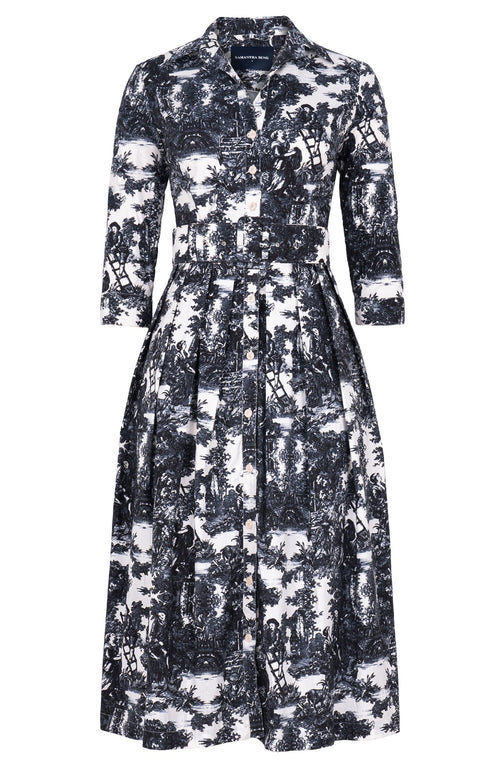 Audrey Dress #1 Shirt Collar 3/4 Sleeve Midi Length Cotton Stretch (Antilles Toile Pastel)