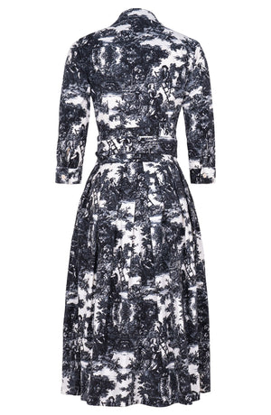 Audrey Dress #1 Shirt Collar 3/4 Sleeve Midi Length Cotton Stretch (Antilles Toile Pastel)